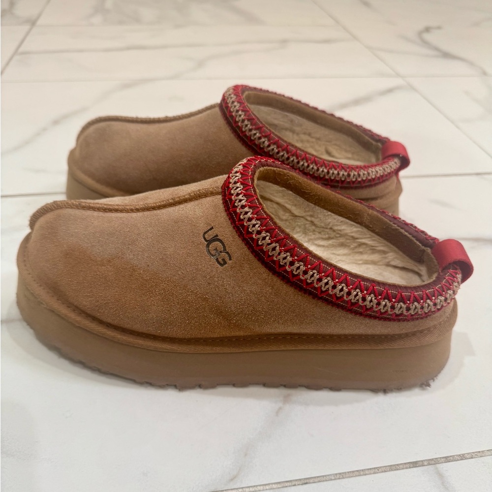 UGG Brown Suede Slippers with Red Accent